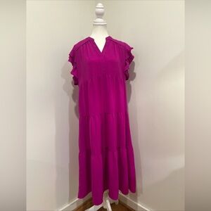 Umgee Fuchsia Split Neck Tiered Midi Dress M Ruffle Trim